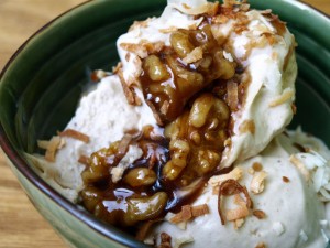 Roasted Banana Ice Cream with Walnut Praline and Toasted Coconut Photo by Evil Chef Mom